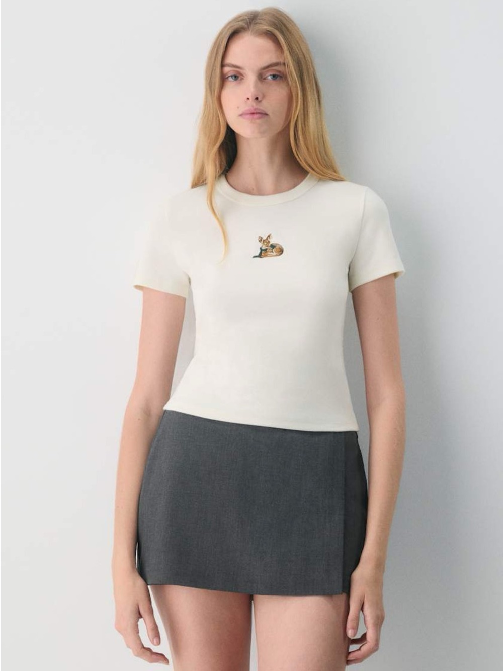 Sunday Best Light Birch Little Tee with Emboidered Fawn